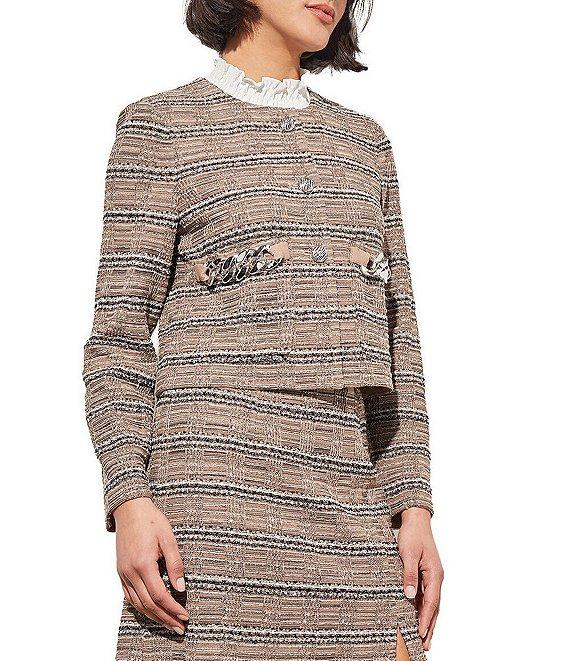 Ming Wang Tweed Round Neck Chain Pocket Detail Cropped Jacket Product Image