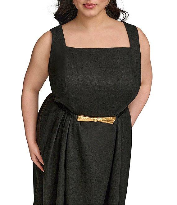 Donna Karan Plus Size Square Neck Sleeveless A-Line Belted Midi Dress Product Image