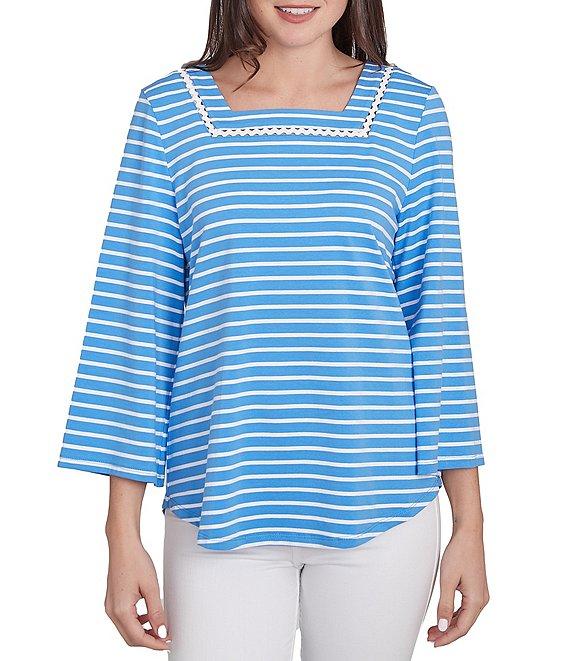 Ruby Rd. Knit Stripe Trim Square Neck 3/4 Bell Sleeve Top Product Image