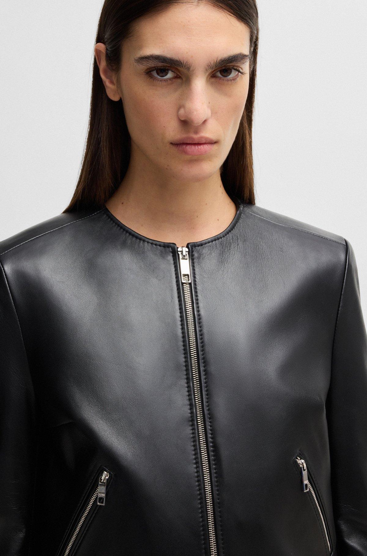 Collarless leather jacket with zip closure Product Image