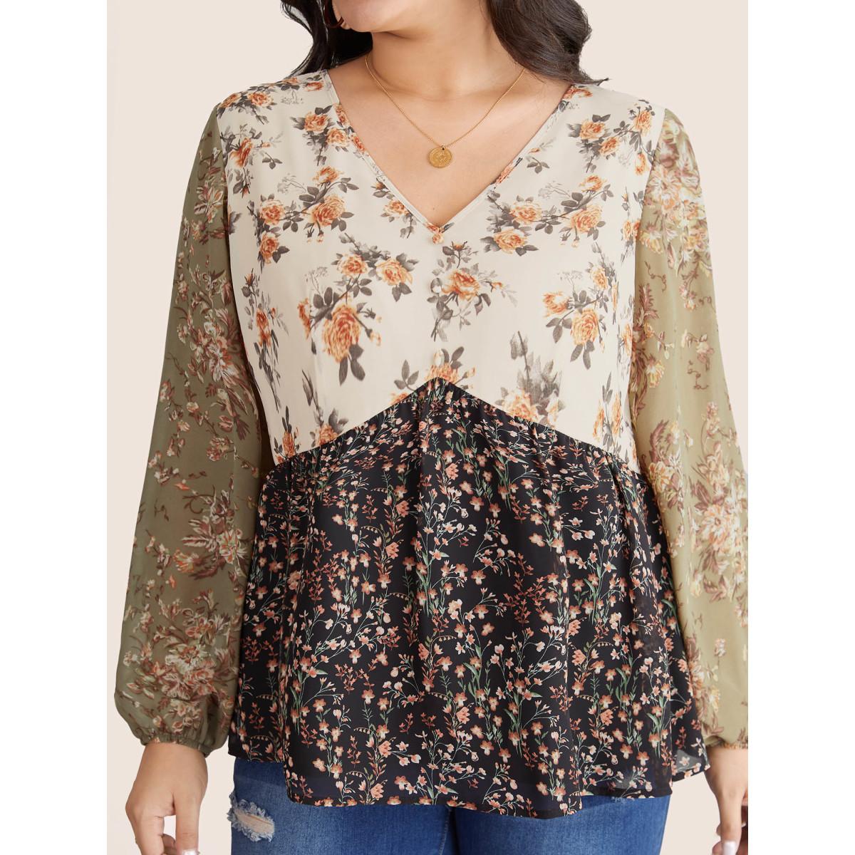Plus Size Beige Chiffon Contrast Ditsy Floral Patchwork Blouse Women Vacation Long Sleeve V-neck Vacation Blouses BloomChic 14-16/1X Product Image