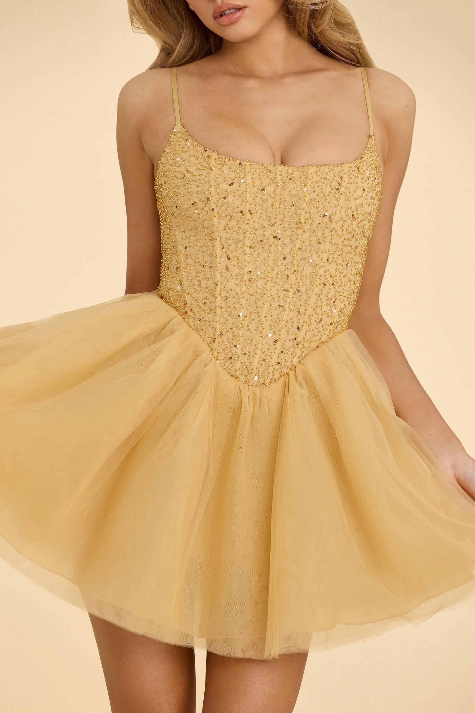 Embellished Corset Tulle Skirt Mini Dress in Gold Product Image