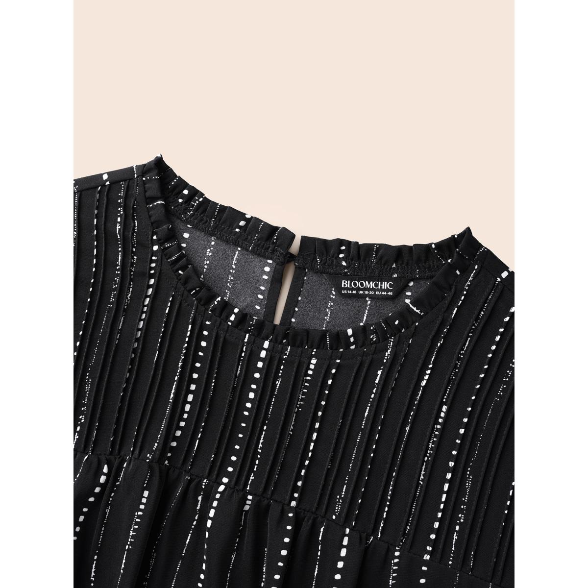 Plus Size Black Striped Lantern Sleeve Ruffles Blouse Women At the Office Long Sleeve Stand-up collar Work Blouses BloomChic 26/4X Product Image