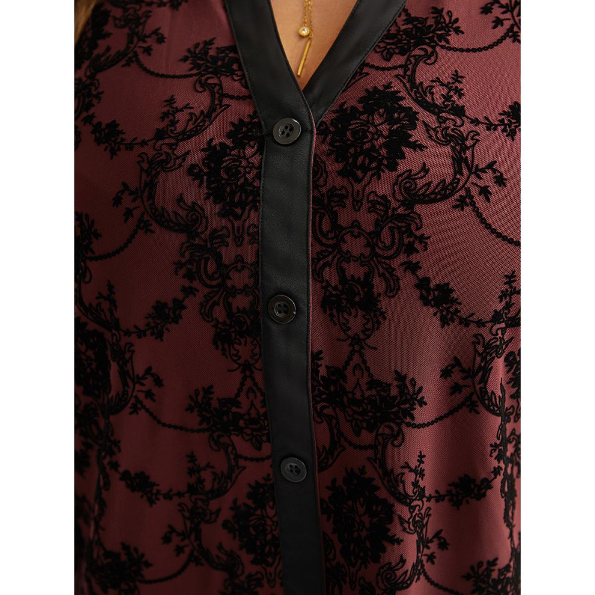 Plus Size DarkGreen Floral Print Mesh V Neck Blouse Women Elegant Long Sleeve V-neck Dailywear Blouses BloomChic 12/L Product Image