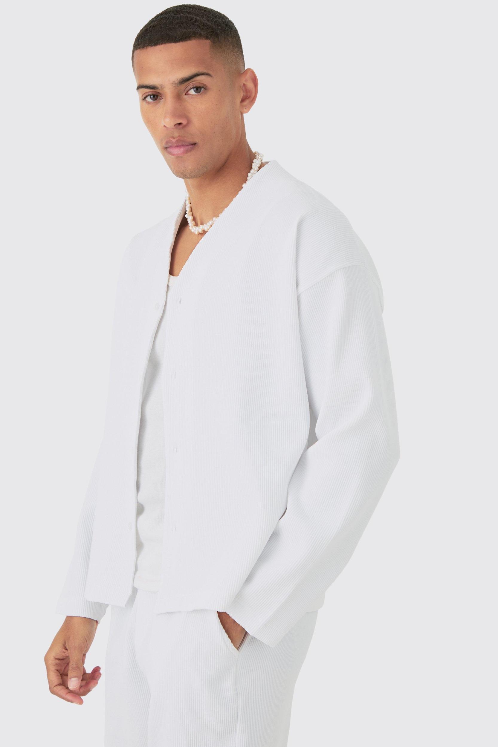 Pleated Longsleeve Collarless Boxy Shirt & Short Set | boohooMAN USA Product Image