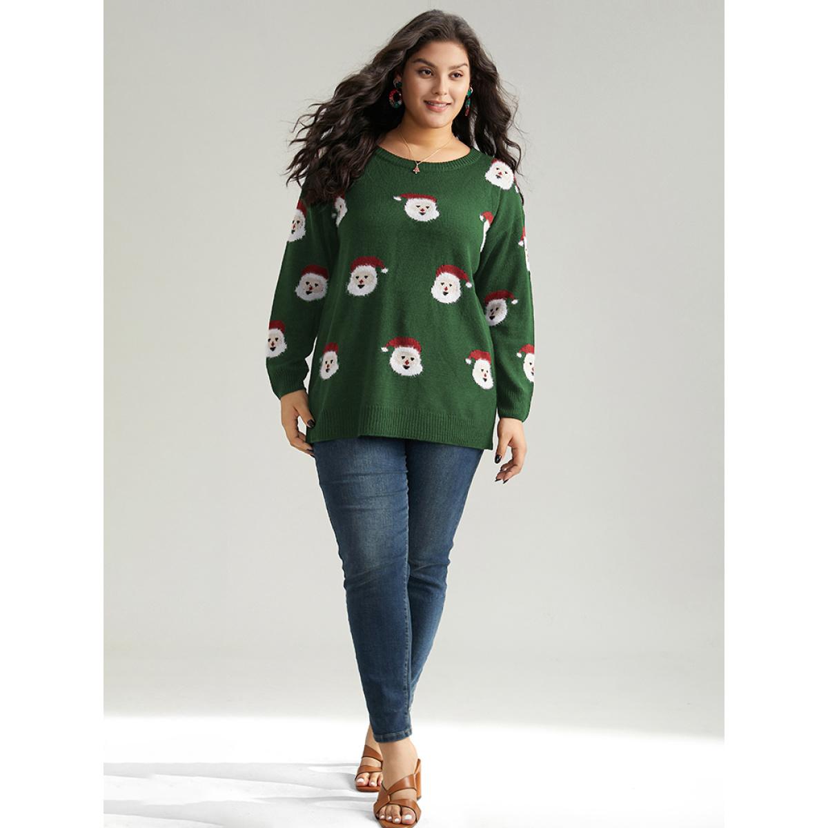 Plus Size Jolly Fellow Motifs Round Neck Pullover DarkGreen Women Casual Long Sleeve Round Neck Festival-Christmas Pullovers BloomChic 26/4X Product Image