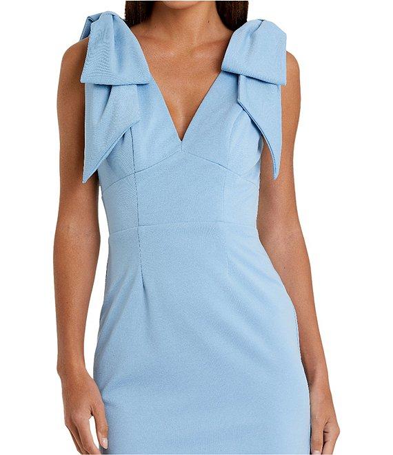 Mac Duggal Crepe V-Neck Sleeveless Bow Shoulder Midi Sheath Dress Product Image