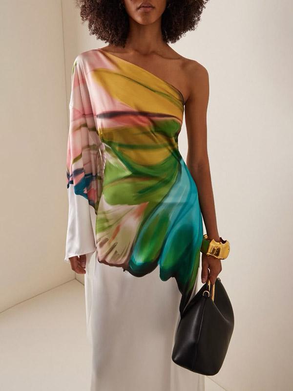 Long Sleeves Loose Asymmetric Flower Print One-Shoulder Maxi Dresses Product Image