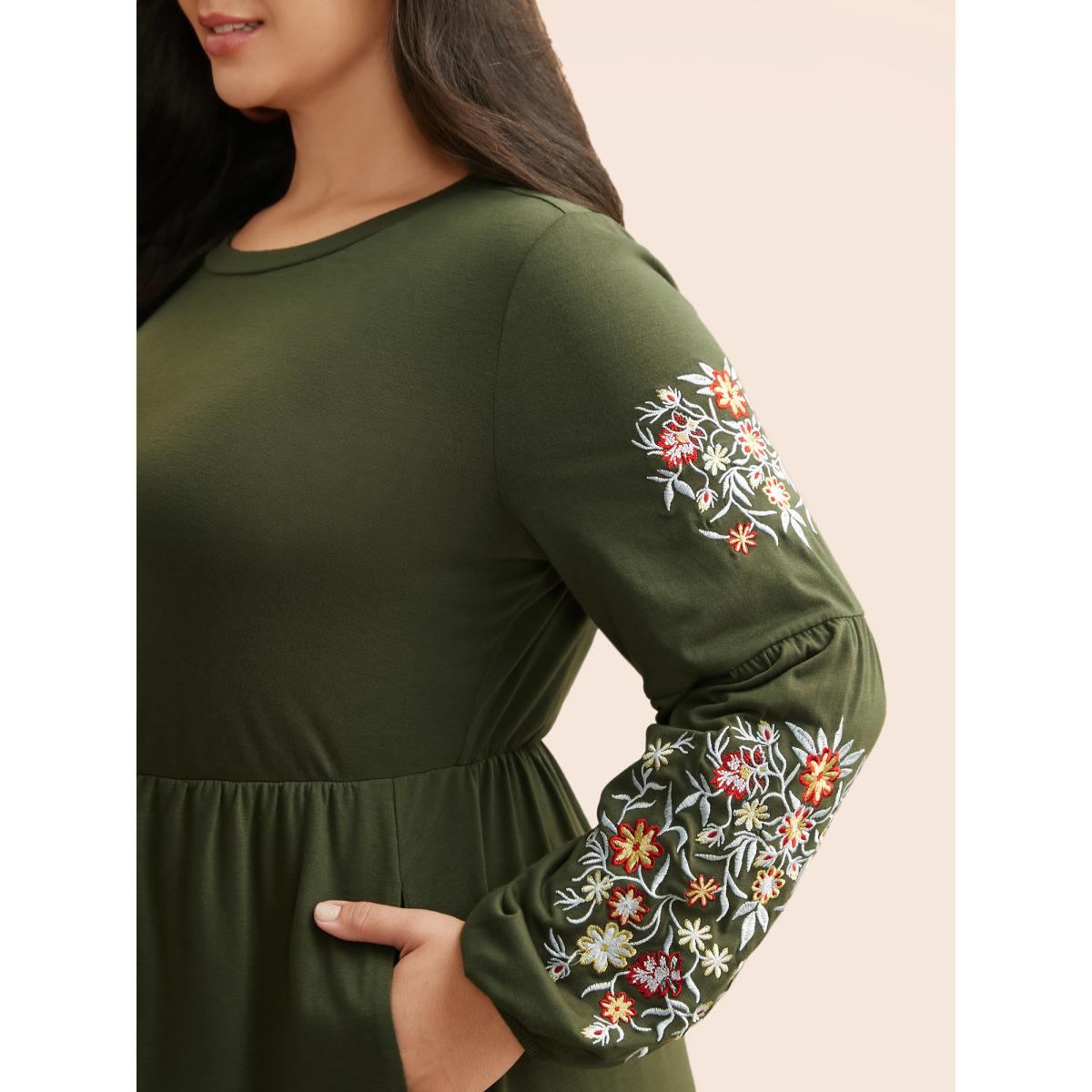 Plus Size Floral Embroidered Elastic Waist Gathered Dress ArmyGreen Women Casual Embroidered Round Neck Long Sleeve Curvy BloomChic 14-16/1X Product Image