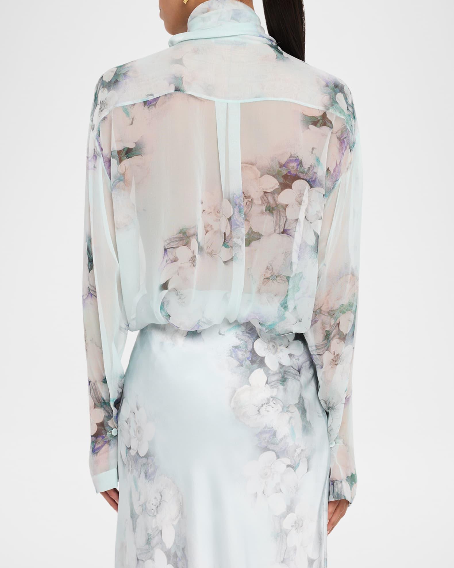 Flower Print Chiffon Scarf-Neck Blouse Product Image