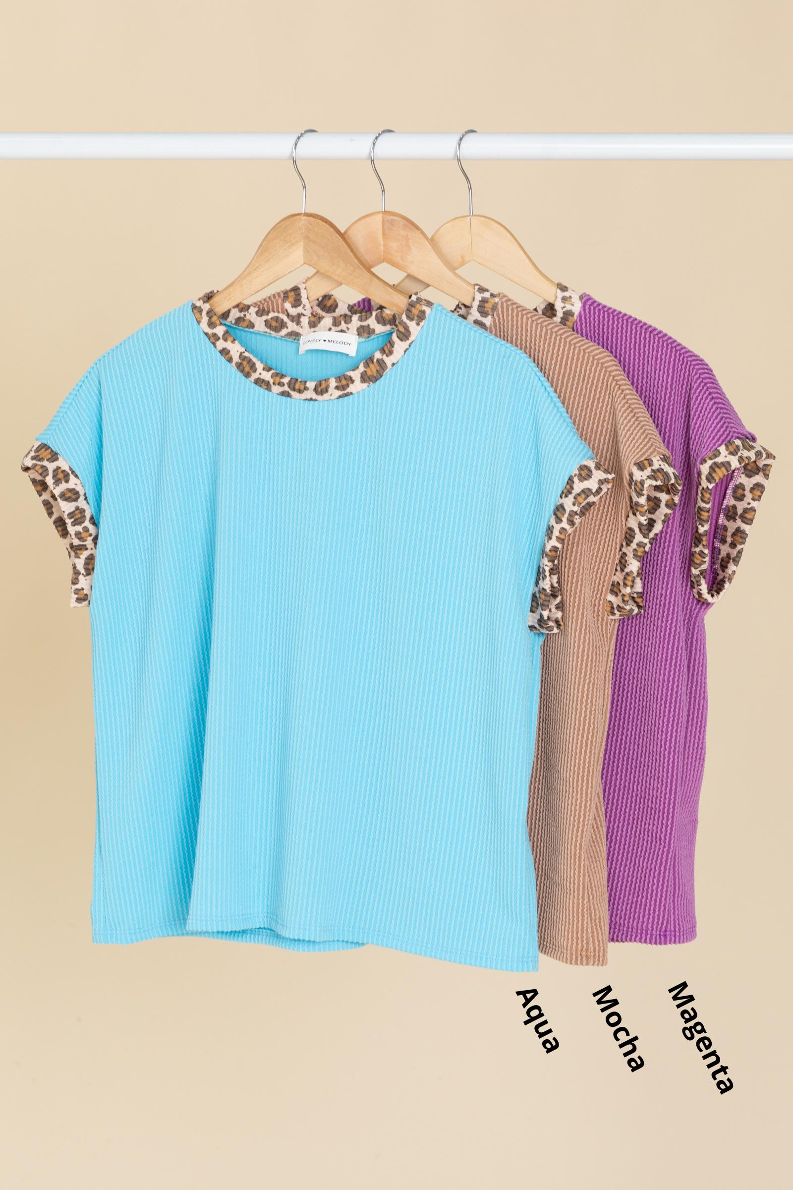 Animal Print Trim Ribbed Knit Tee Shirts Product Image
