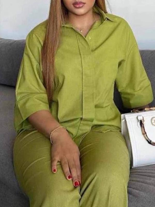 Loose Solid Color Split-Joint Split-Side Lapel Blouse + Elasticity Pleated Pants Trousers Two Pieces Set Product Image