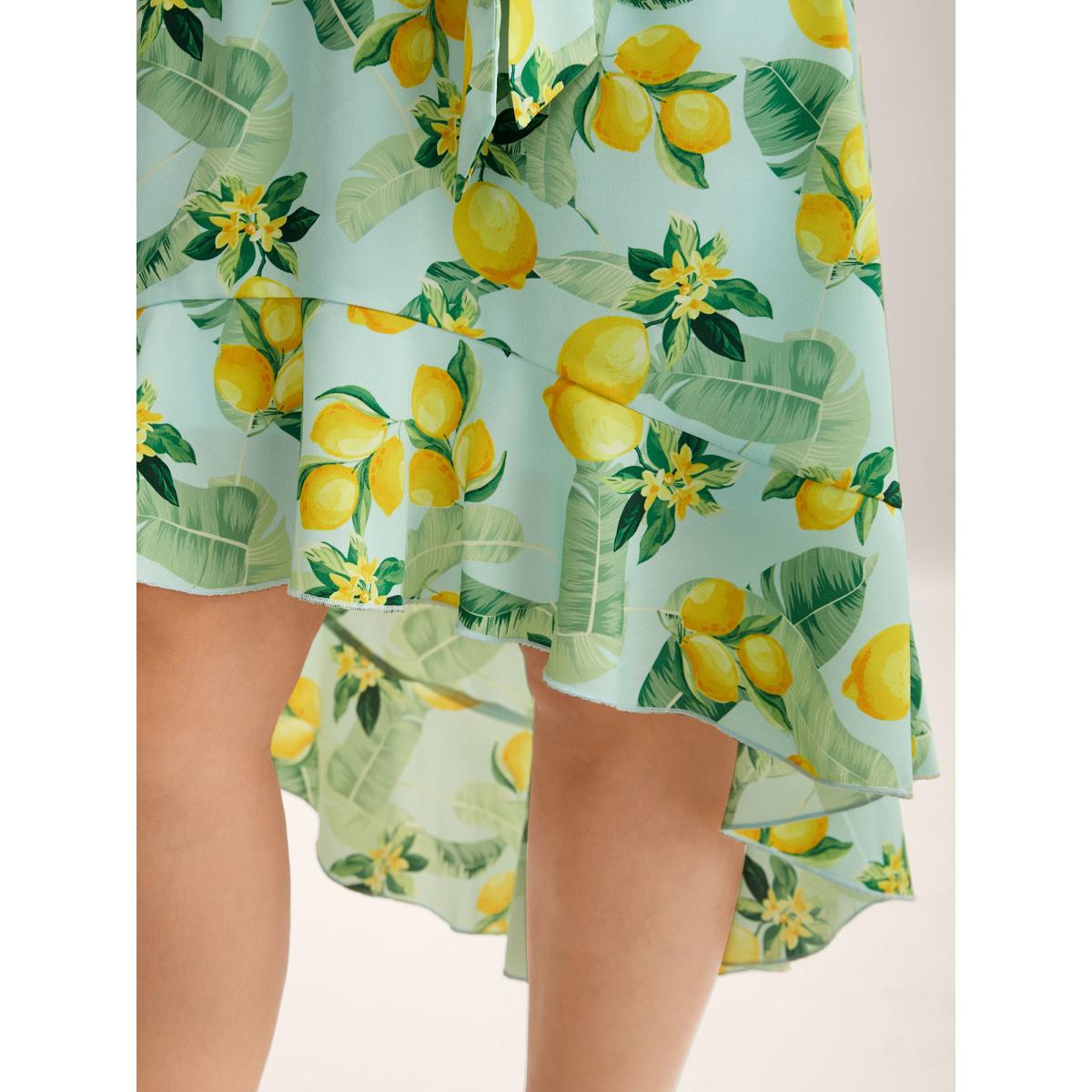 Plus Size Citrus Print Ruffled Hem Belted Midi Dress LightBlue Women Overlap Collar Short sleeve Curvy BloomChic 22-24/3X Product Image