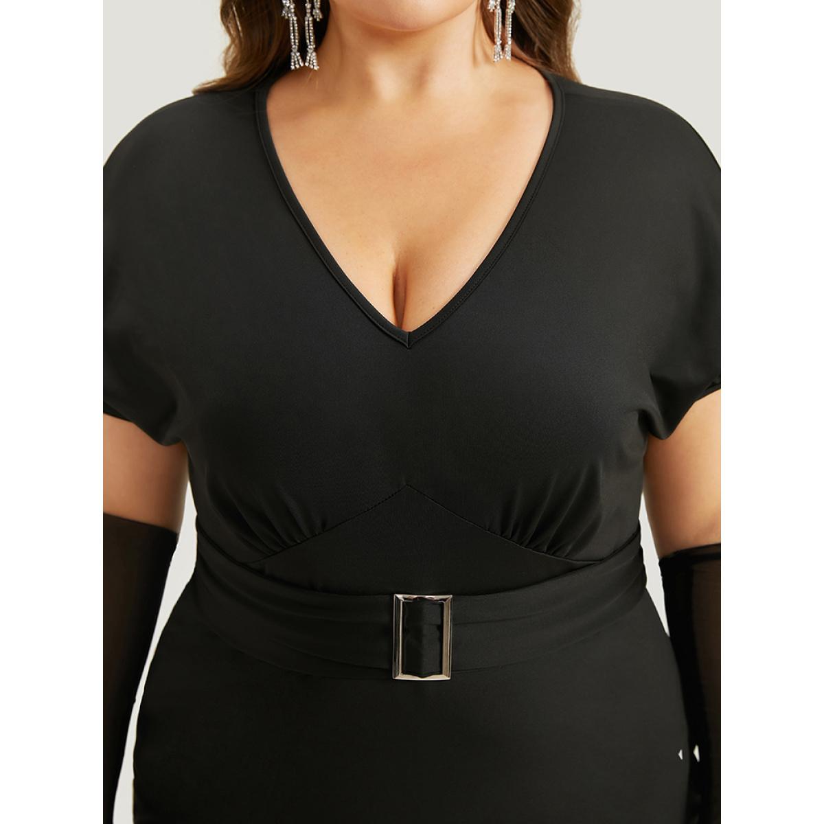 Plus Size Halloween Solid Mermaid Hem Mesh Bowknot Dress Black Women Casual Plain V-neck Sleeveless Curvy Knee Dress BloomChic 22-24/3X Product Image