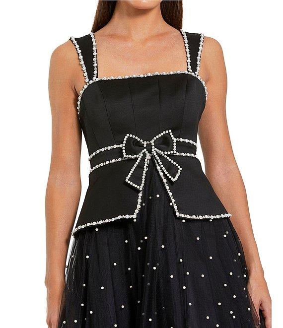 Mac Duggal Square Neck Pearl Trim Tulle Midi Dress Product Image