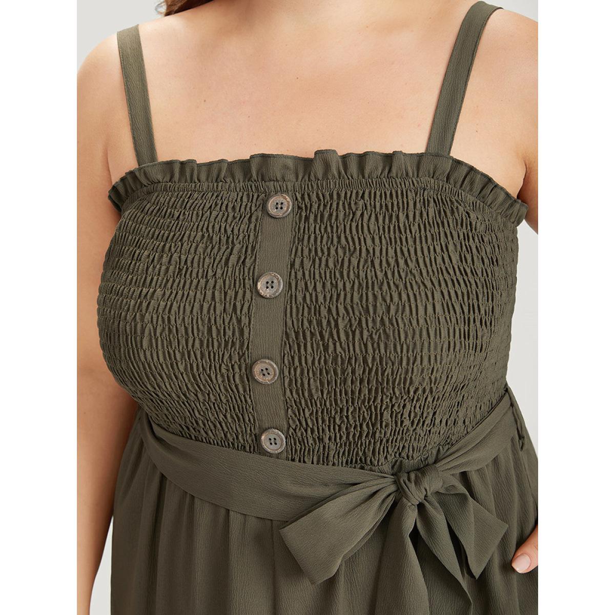 Plus Size ArmyGreen Shirred Frill Trim Belted Button Detail Cami Jumpsuit Women Elegant Sleeveless Square Neck Dailywear Loose Jumpsuits BloomChic 14-16/1X Product Image