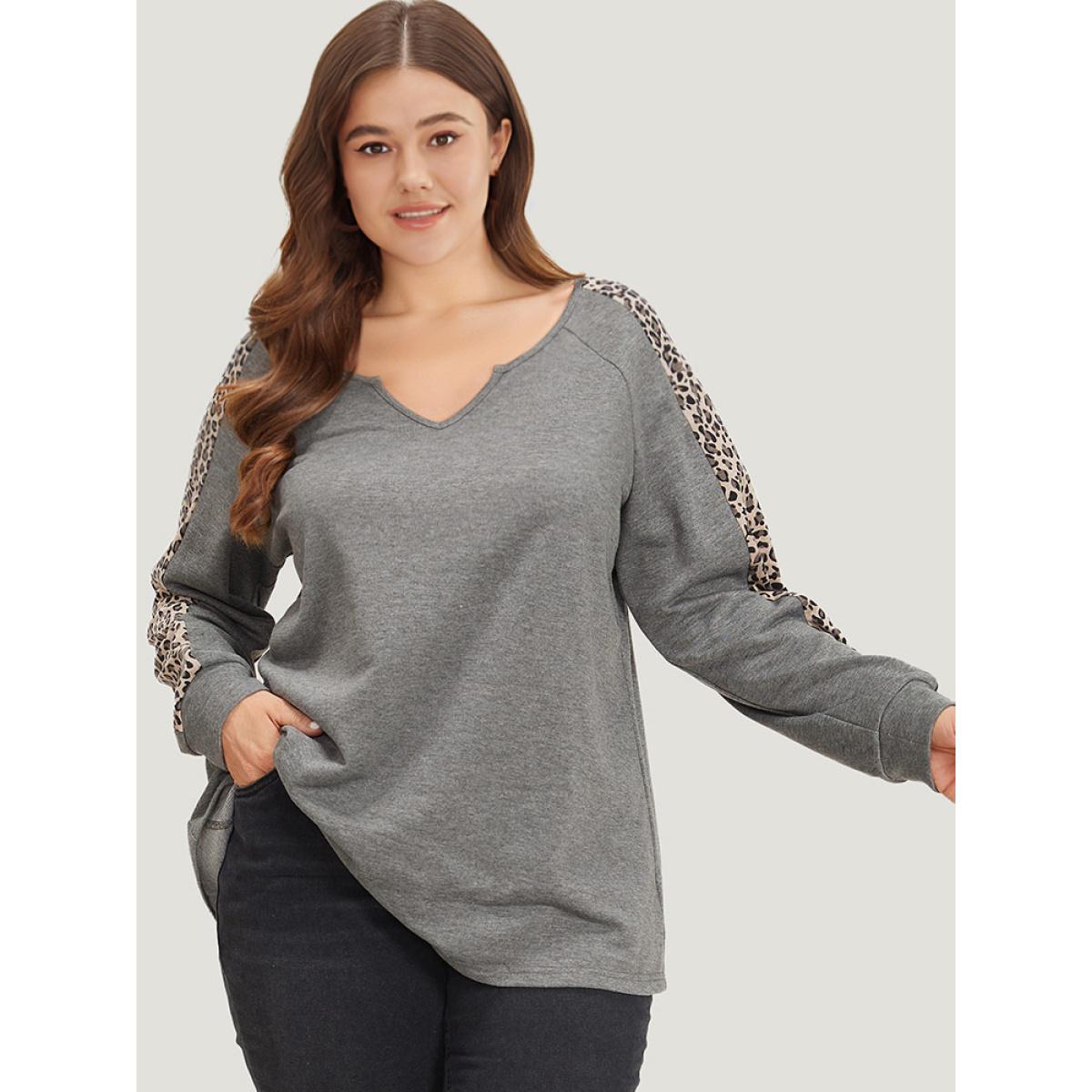Plus Size Leopard Patchwork Notched Raglan Sleeve Sweatshirt Women Gray Casual Patchwork Notched collar Dailywear Sweatshirts BloomChic 18-20/2X Product Image