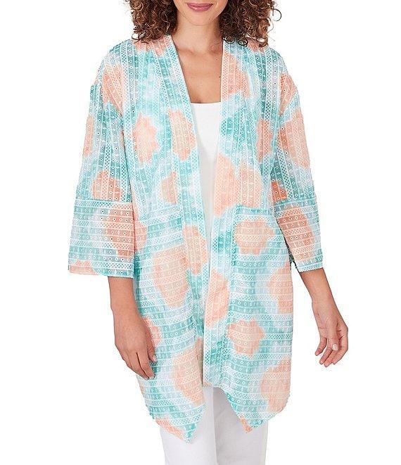 Ruby Rd. Car Diamond Sheer Knit Printed 3/4 Sleeve Patch Pocket Open-Front Cardigan Product Image