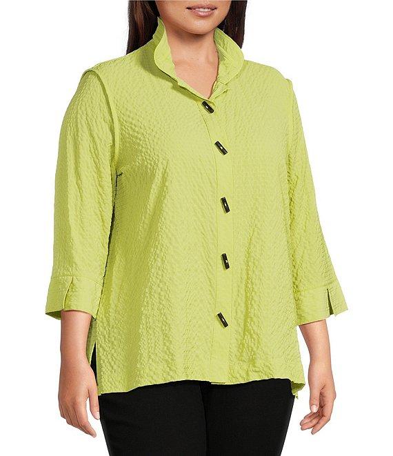 Ali Miles Plus Size Woven Textured Wire Collar 3/4 Sleeve Button Front Tunic Product Image