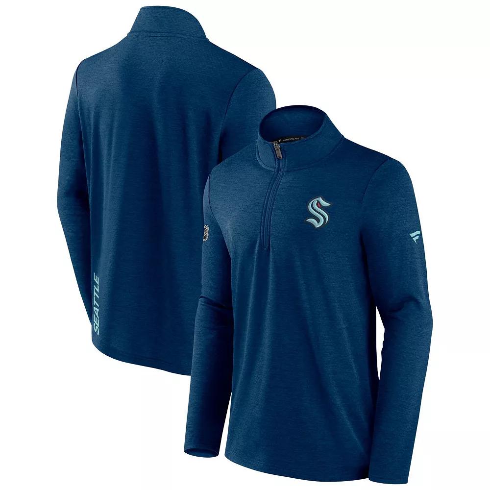 Men's Fanatics Branded Heather Deep Sea Blue Seattle Kraken Authentic Pro Rink Quarter-Zip Jacket,  Product Image