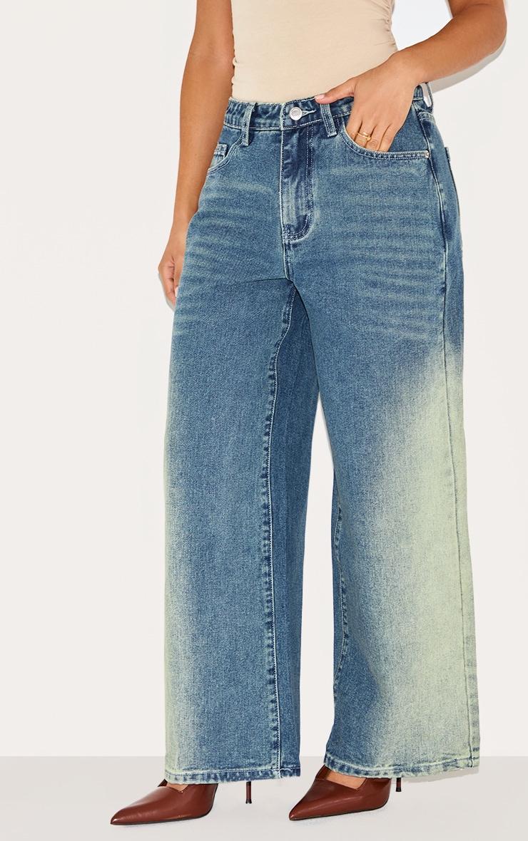 Petite Washed Blue Denim Two Tone Wide Leg Jeans Product Image