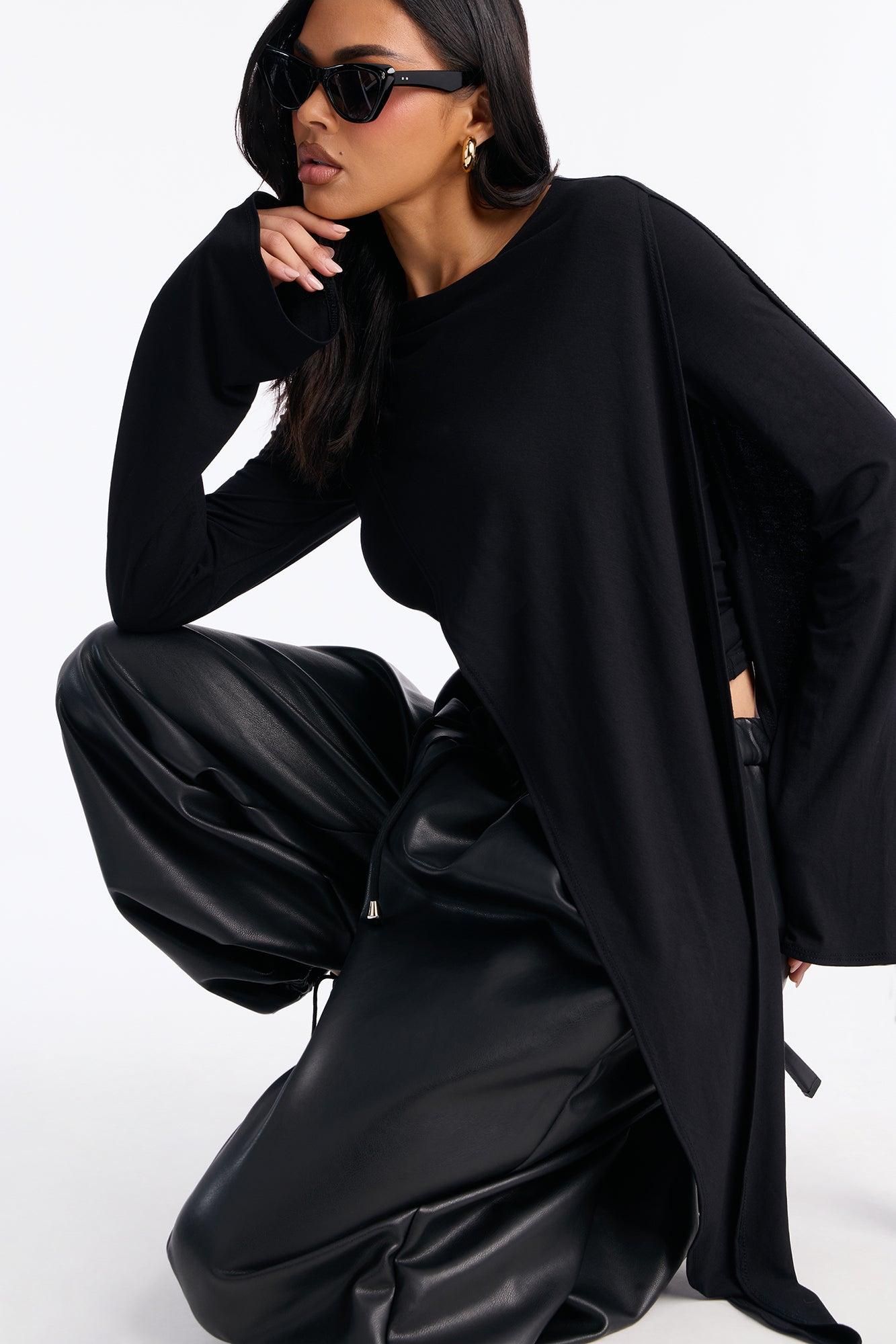 Elena Asymmetrical Drape Long Sleeve Top - Black Female Product Image