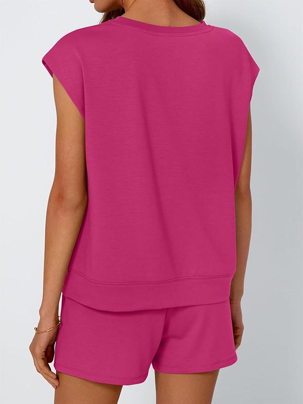 Loose Raglan Sleeve Solid Color Split-Joint Round-Neck T-Shirt + Drawstring Elasticity Shorts Two Pieces Set Product Image