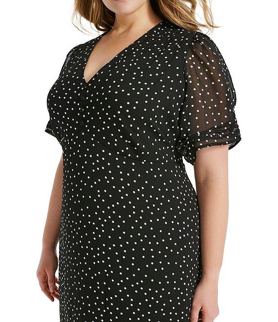DKNY by Donna Karan Plus Size Short Ruched Sleeve V-Neck Polka Dot Chiffon Midi Dress Product Image