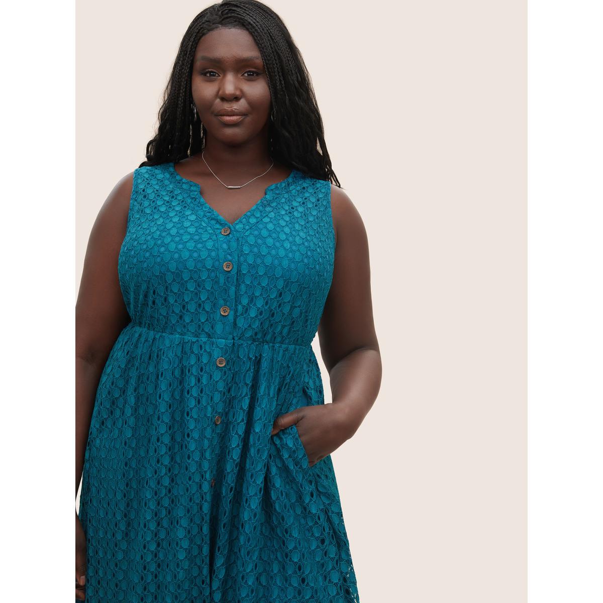 Plus Size Textured Notched Button Detail Sleeveless Dress Cerulean Women At the Office Non Notched collar Sleeveless Curvy Midi Dress BloomChic 30/6X Product Image