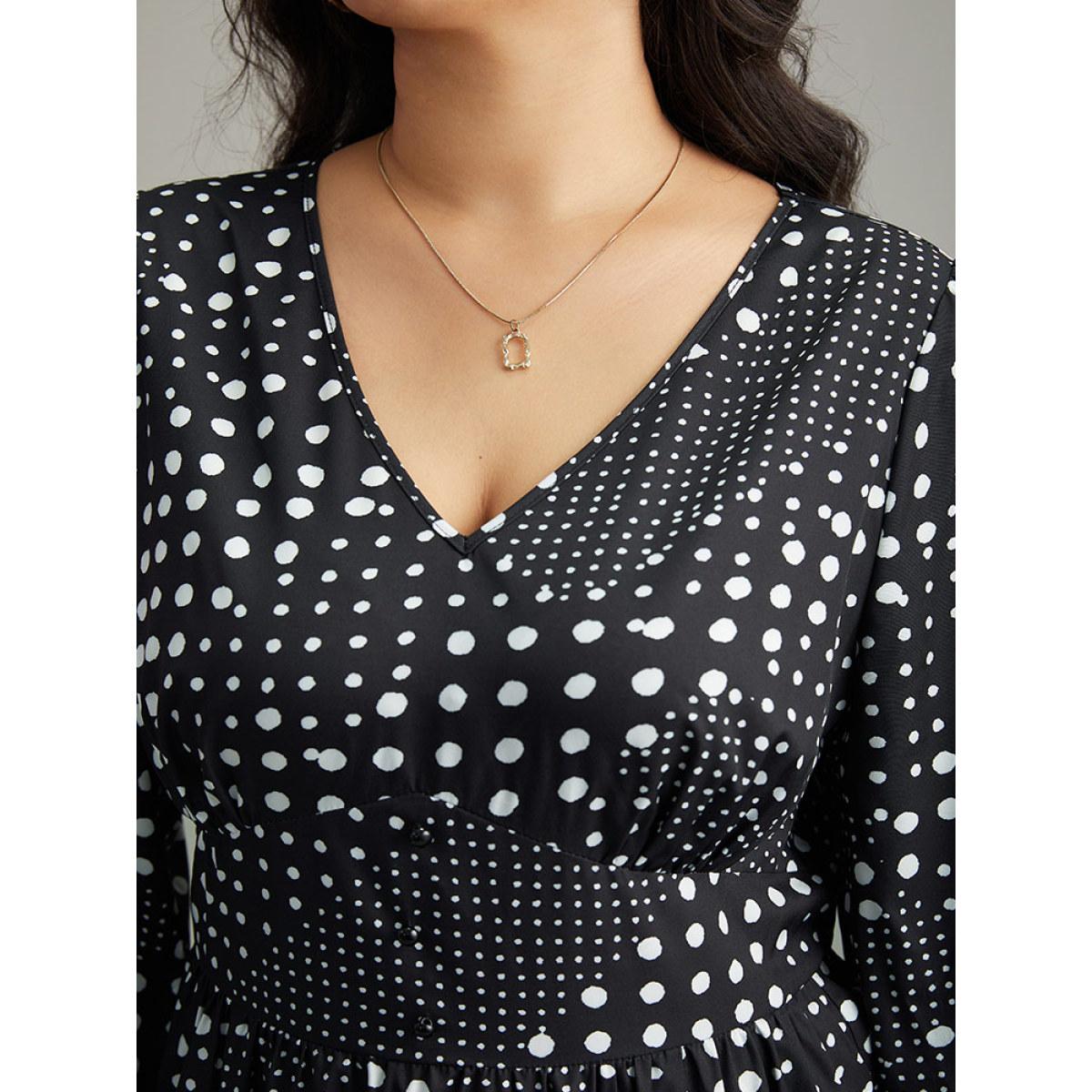 Plus Size Polka Dot Elastic Waist Split Hem Dress Black Women At the Office Pleated V-neck Long Sleeve Curvy Midi Dress BloomChic 30/6X Product Image