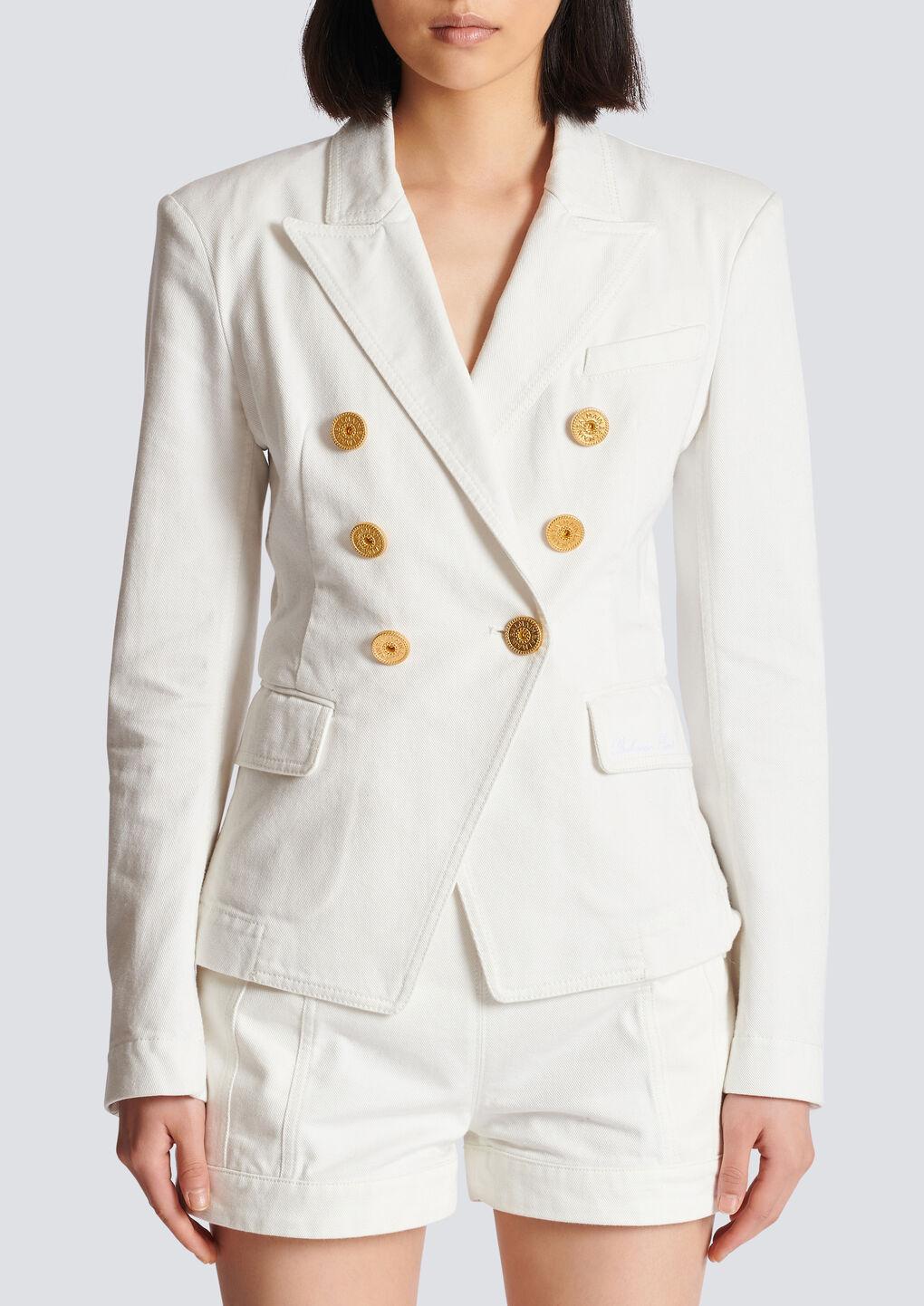 BALMAIN Double-breasted Structured Denim Blazer With Peak Lapel In White Product Image