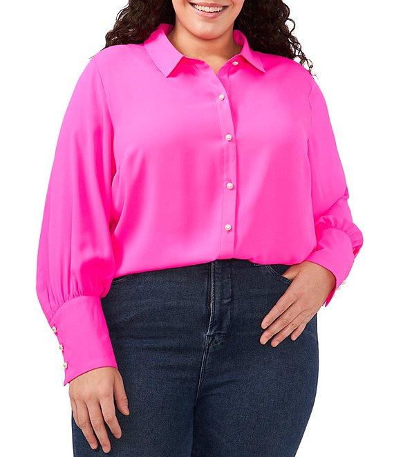 CeCe Plus Size Heavy Georgette Point Collar Long Sleeve Pearl Button Front Shirt Product Image