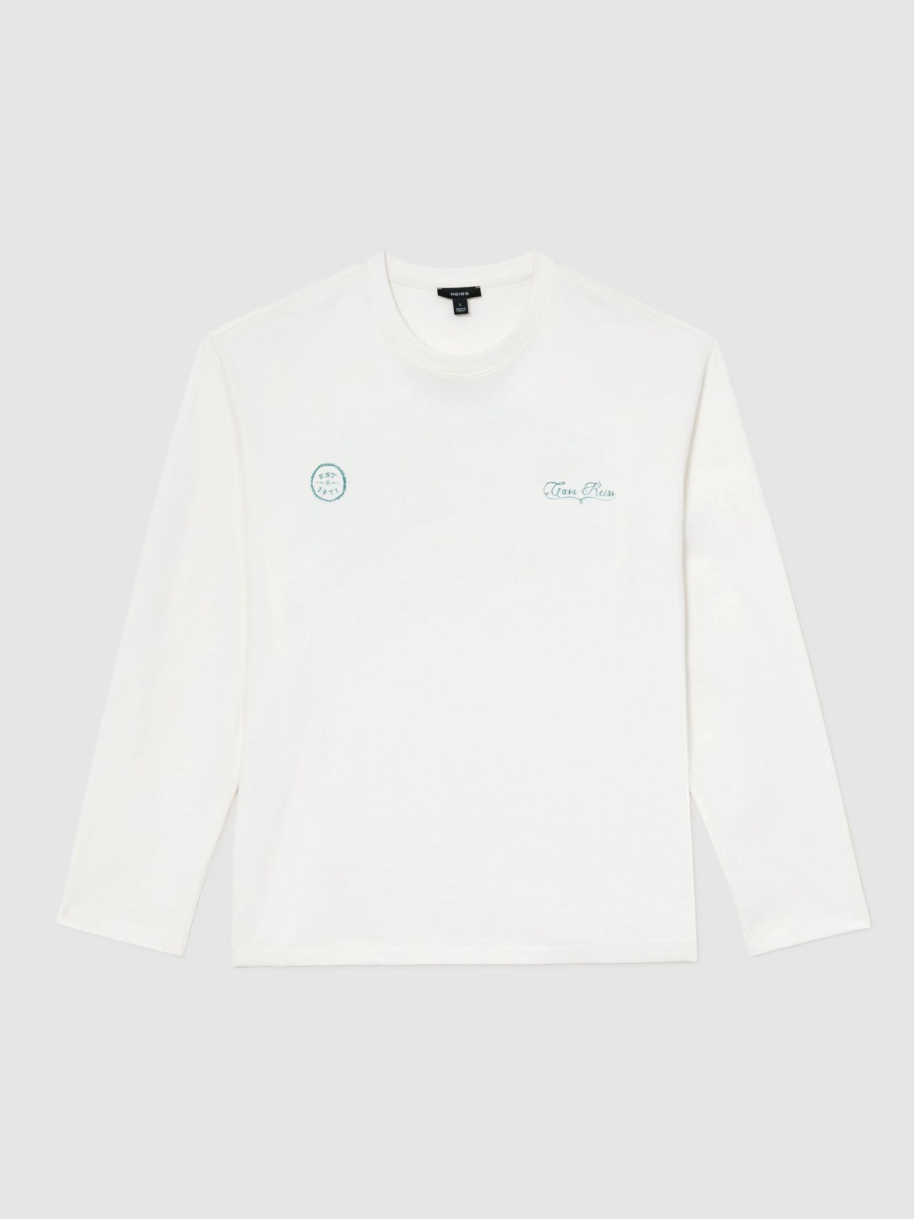 Cotton Motif Long-Sleeve Relaxed T-Shirt in White Product Image