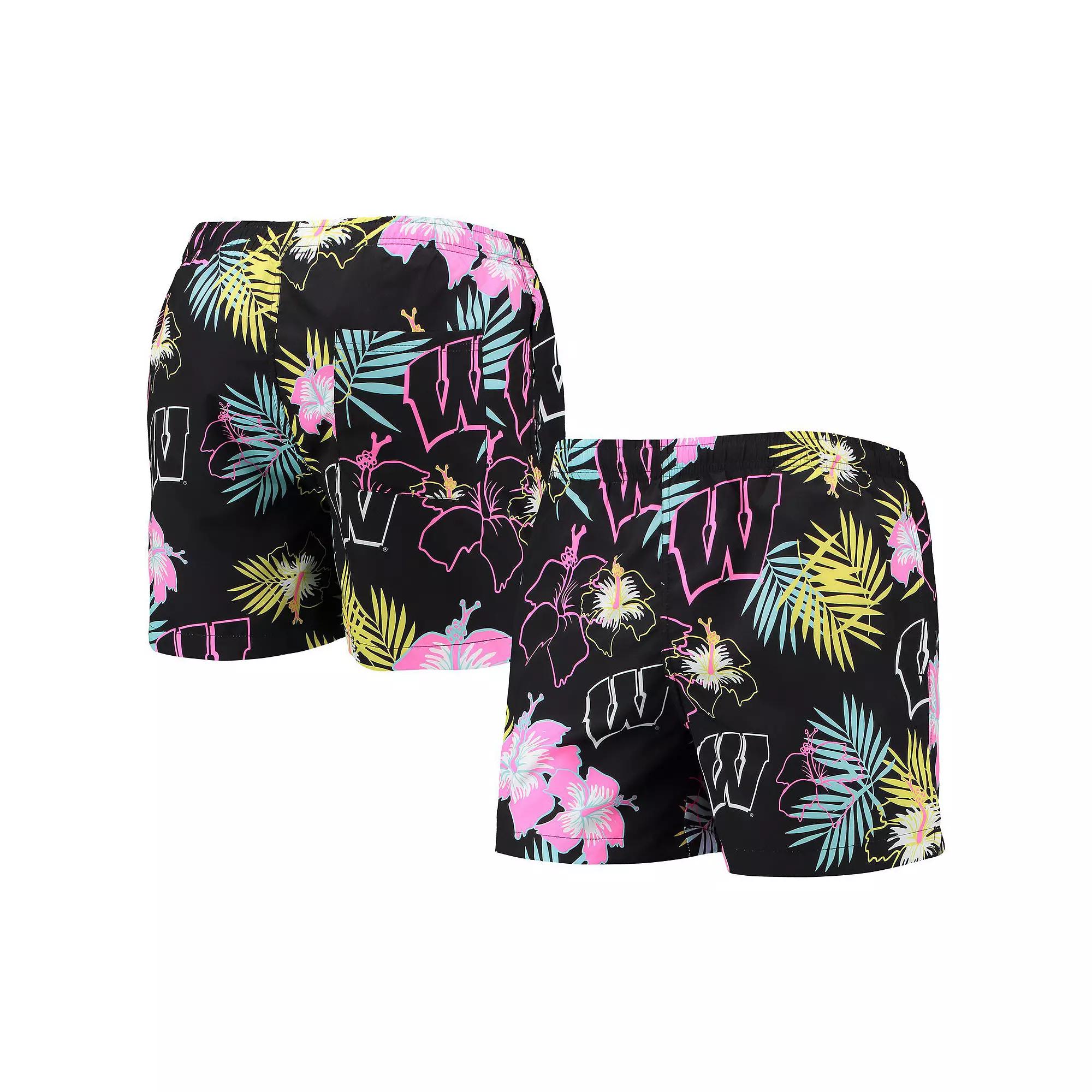 Men's FOCO Black Wisconsin Badgers Neon Floral Swim Trunks, Size: 2XL Product Image