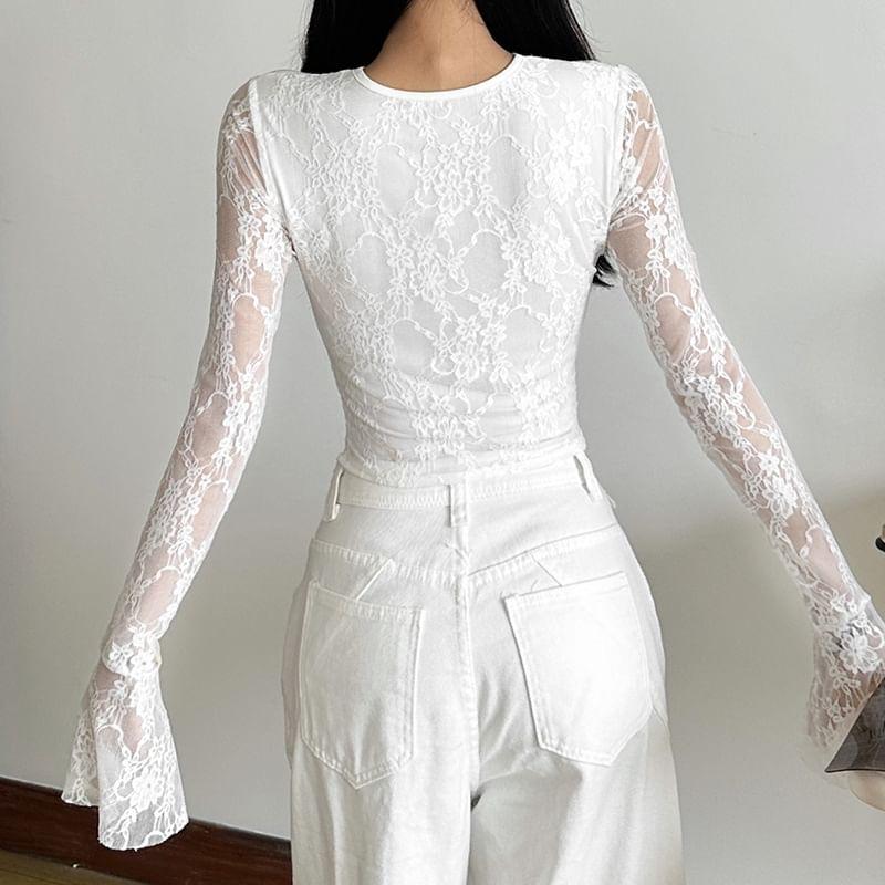 Bell Sleeve Lace Panel Plain Tie-Front Corset Top Product Image