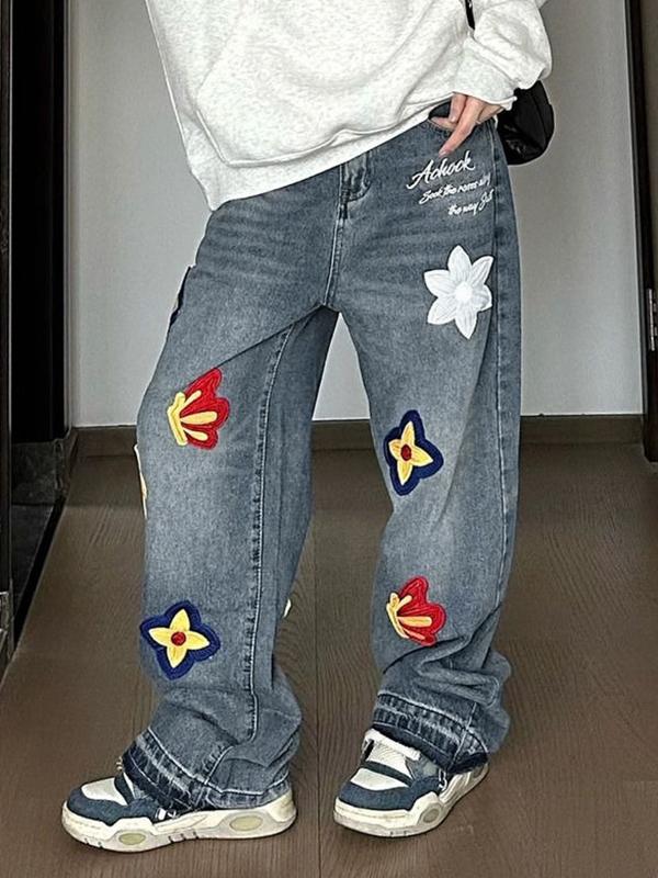 Vintage Flower Embroidered Print Boyfriend Jeans Product Image