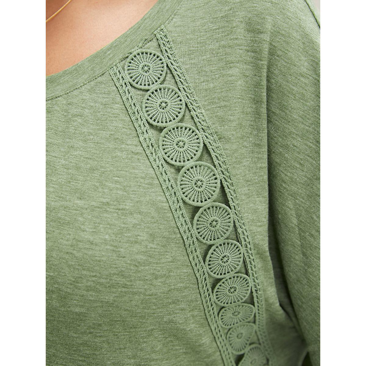 Plus Size Solid Contrast Lace Ruffle Sleeve T-shirt Sage Women Elegant Lace Plain Round Neck Everyday T-shirts BloomChic 18-20/2X Product Image