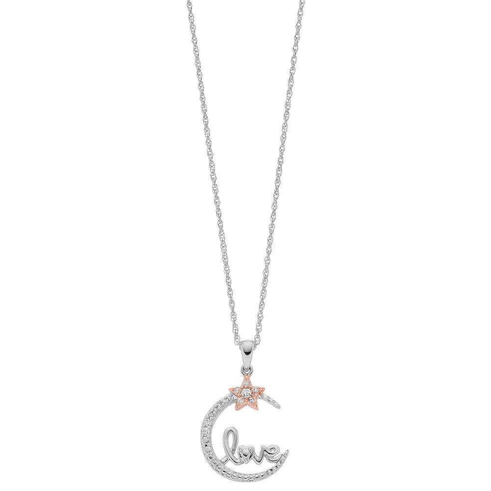 Two Tone Sterling Silver 1/10 Carat T.W. Diamond Moon & Star "Love" Pendant Necklace, Women's, Size: 18" Product Image