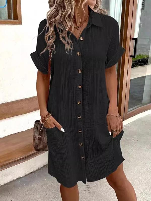 Loose Short Sleeves Pleated Split-Joint Lapel Mini Dresses Shirt Dress Product Image