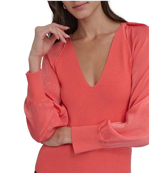 DKNY by Donna Karan Mixed Media Knit V-Neck Long Sleeve Sweater Product Image