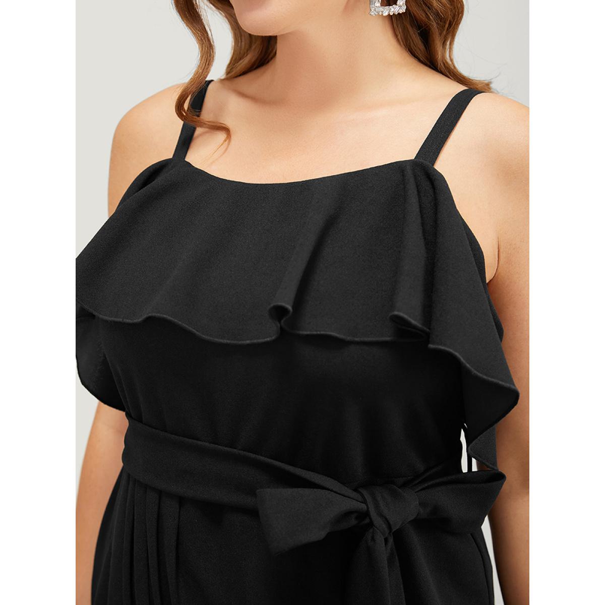 Plus Size Solid Ruffle Trim Belt Pleated Detail Bodycon Cami Dress Black Women Glamour Adjustable Straps Spaghetti Strap Sleeveless Curvy Midi Dress BloomChic 18-20/2X Product Image