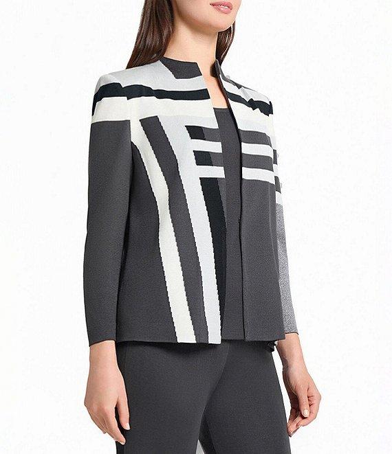 Ming Wang Intarsia Color Block Stripe Knit Mandarin Collar Bracelet Sleeve Jacket Product Image