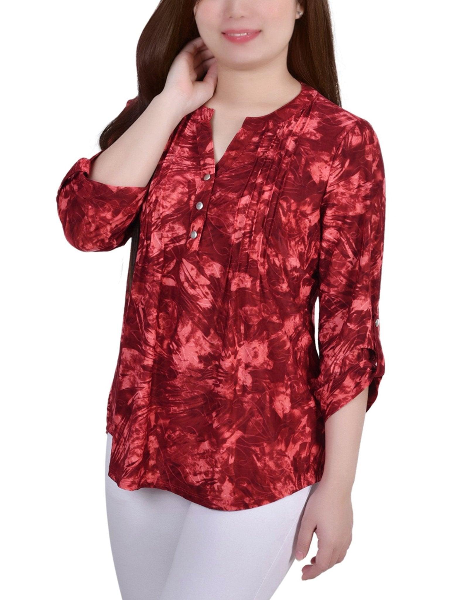 Wine Tiedye 3/4 Sleeve Blouse With Necklace - Petite Product Image