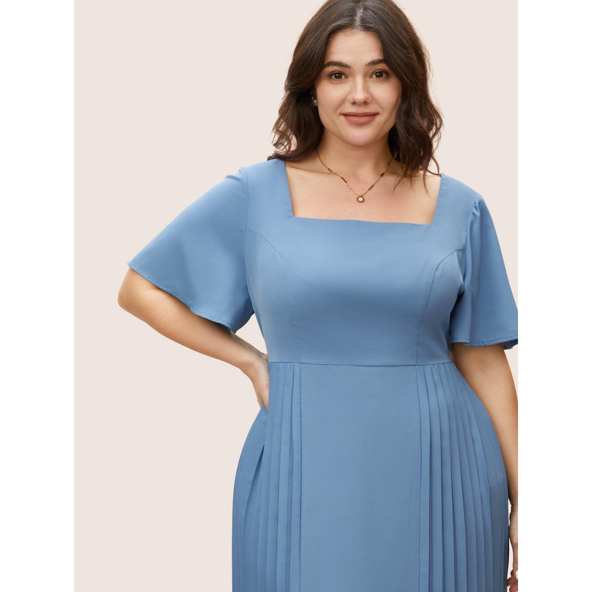 Plus Size Square Neck Plain Pleated Ruffle Sleeve Dress Stone Women At the Office Pleated Square Neck Short sleeve Curvy BloomChic 28/5X Product Image