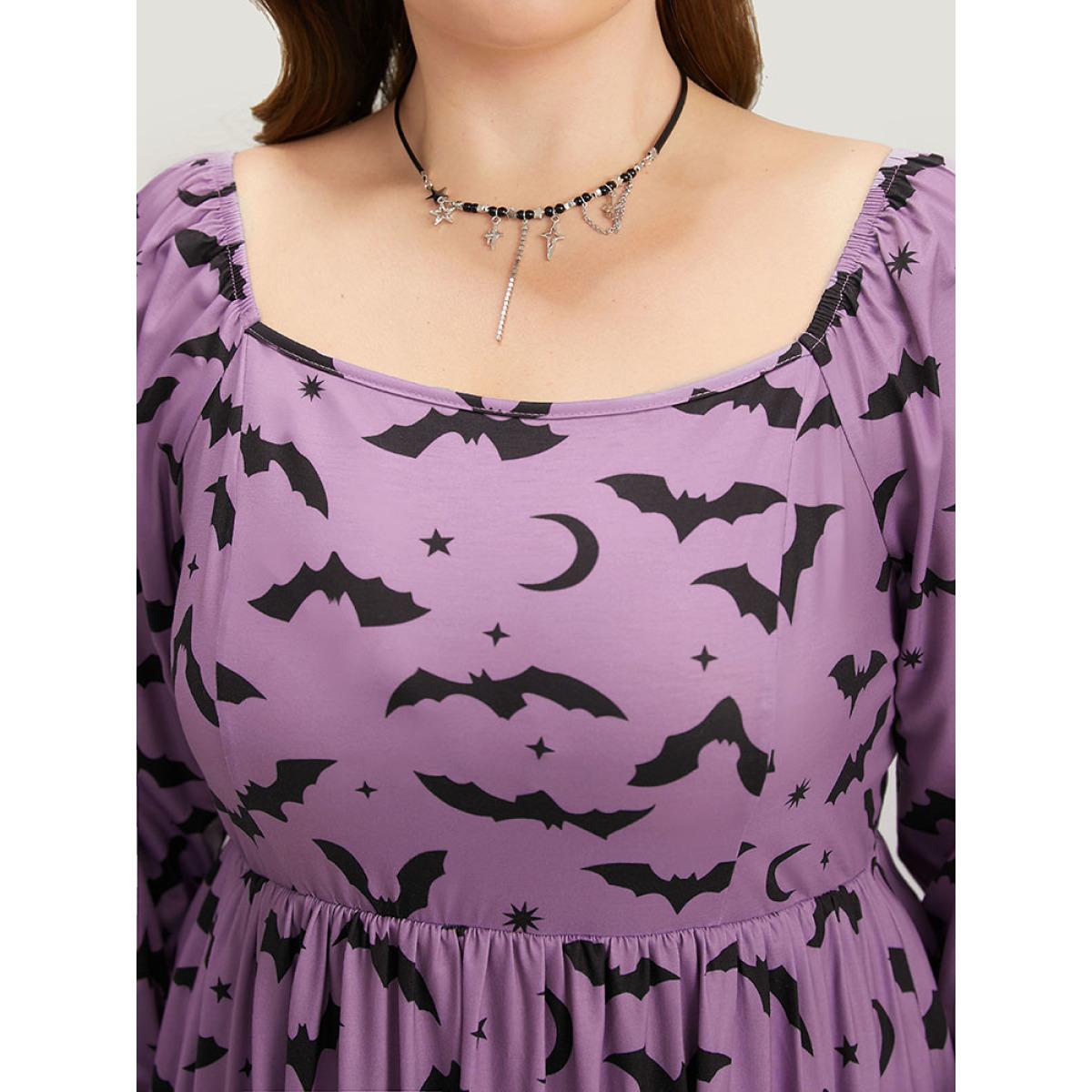 Plus Size Halloween Bat Print Pocket Square Neck Dress Mauve Women Casual Gathered Square Neck Long Sleeve Curvy Midi Dress BloomChic 26/4X Product Image