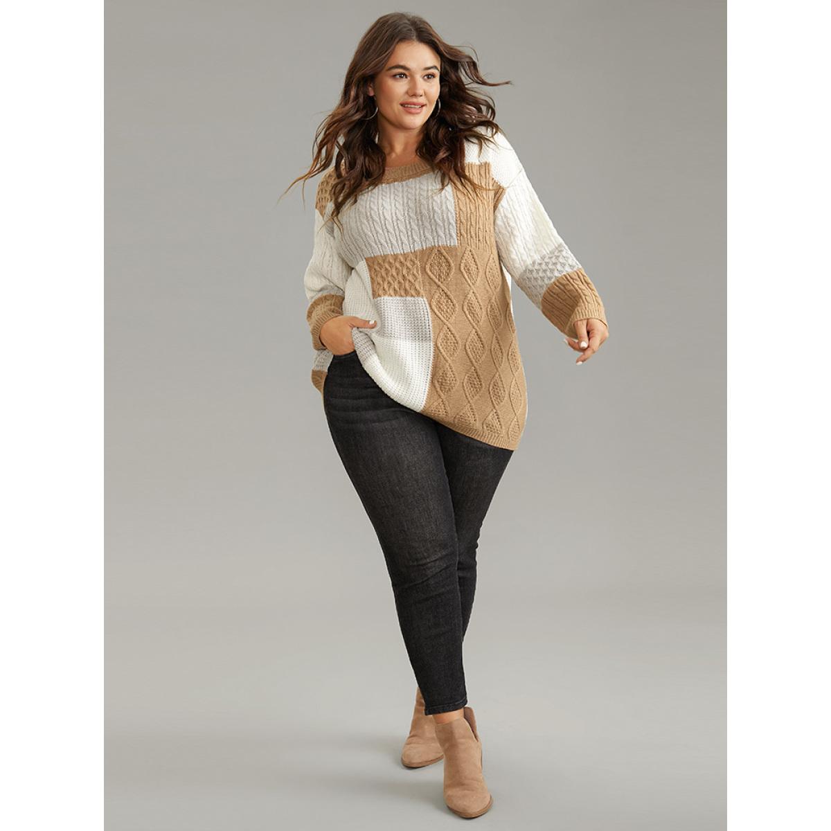 Plus Size Cable Knit Colorblock Patchwork Pullover Multicolor Women Casual Loose Long Sleeve Round Neck Dailywear Pullovers BloomChic 12/L Product Image