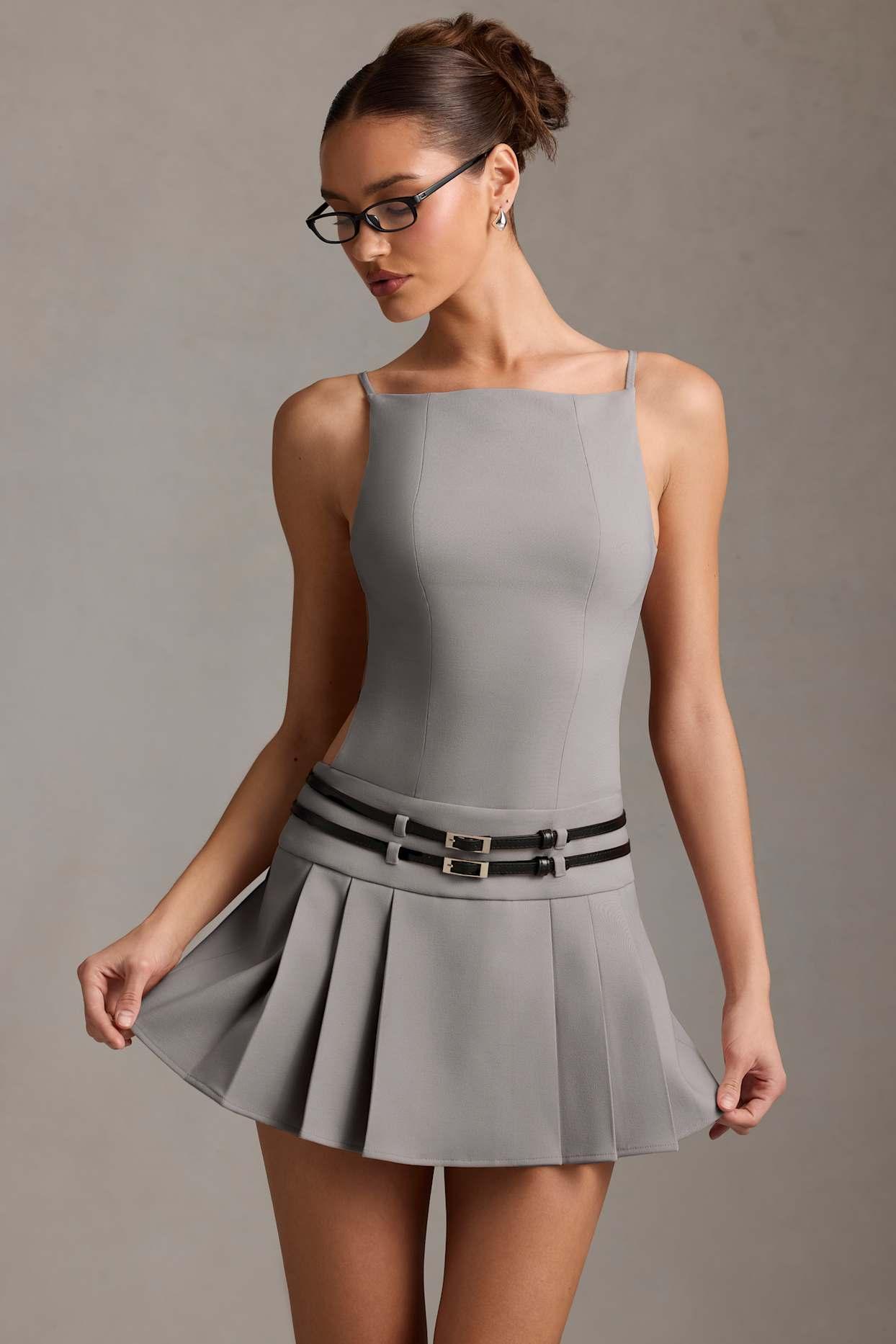 Belted Backless Pleated Mini Dress in Grey Product Image