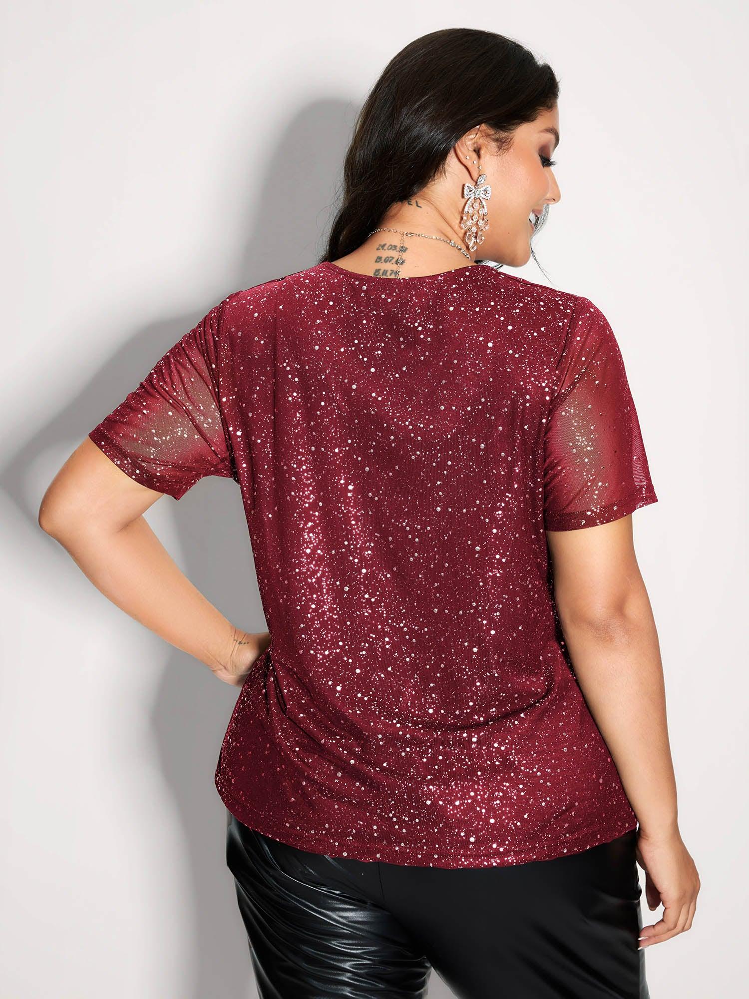 Shimmery Wrap Neck Sheer Sleeve T-Shirt Female Product Image