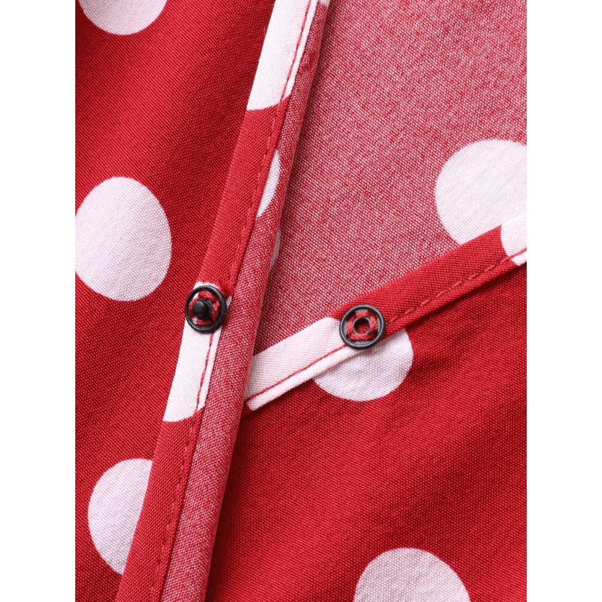 Plus Size Polka Dots Surplice Button Detail Midi Dress Burgundy Women Overlap Collar Short sleeve Curvy BloomChic 18-20/2X Product Image