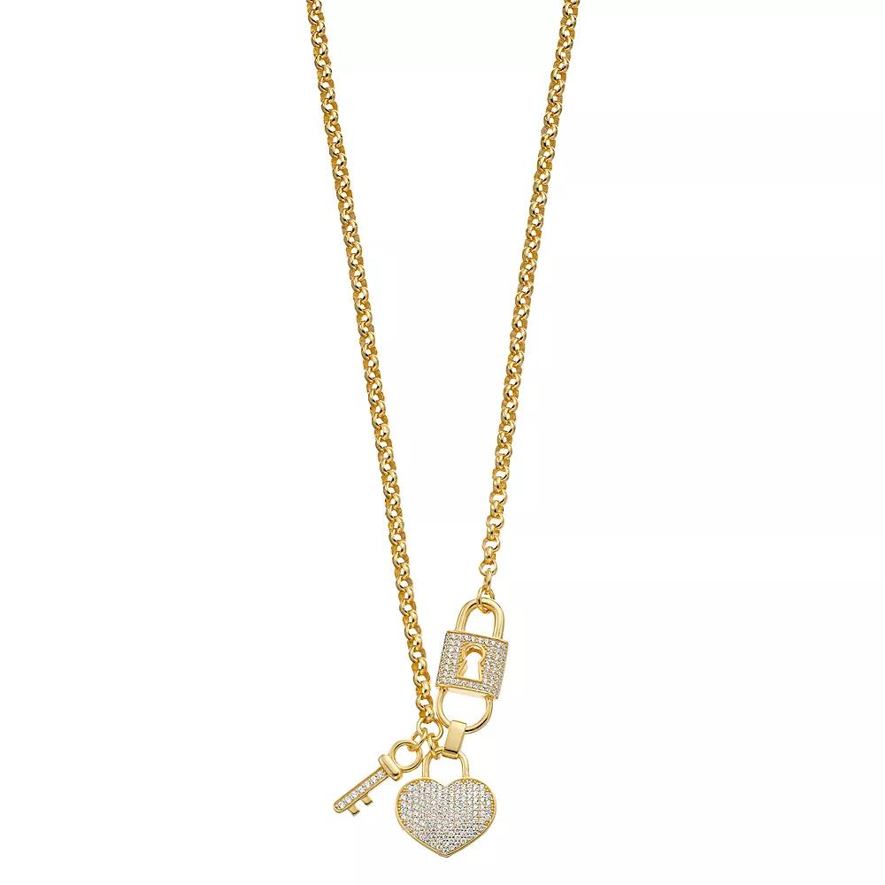14k Gold Over Silver Cubic Zirconia Heart, Key, & Padlock Charm Necklace, Womens Gold Tone Product Image
